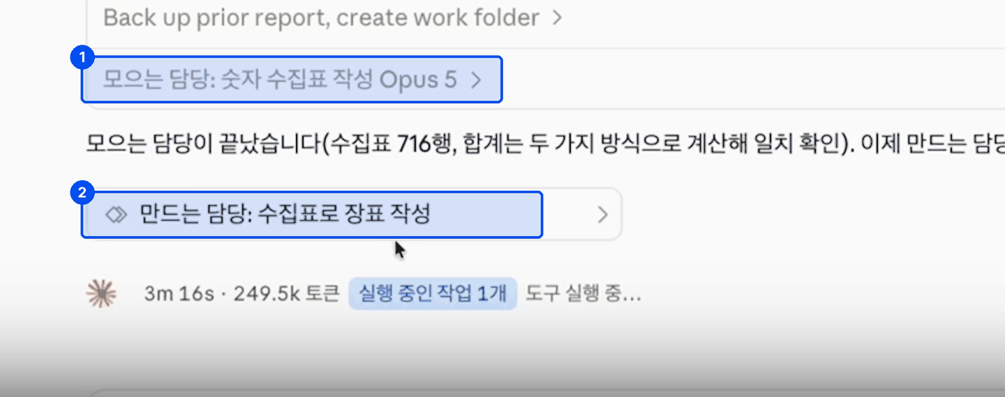 모으는 담당 숫자 수집표 작성이 끝나고, 만드는 담당 수집표로 장표 작성이 이어서 돌고 있다