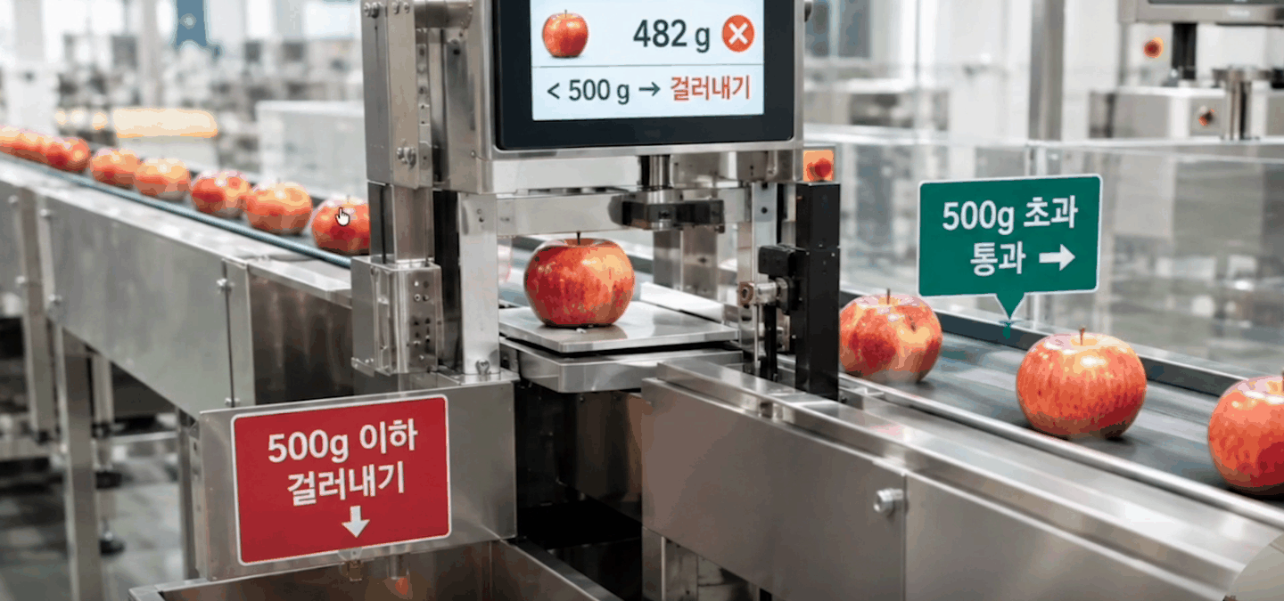사과가 컨베이어 벨트를 지나며 무게를 재고, 500g 이하는 걸러내기, 500g 초과는 통과라는 표지가 붙어 있다