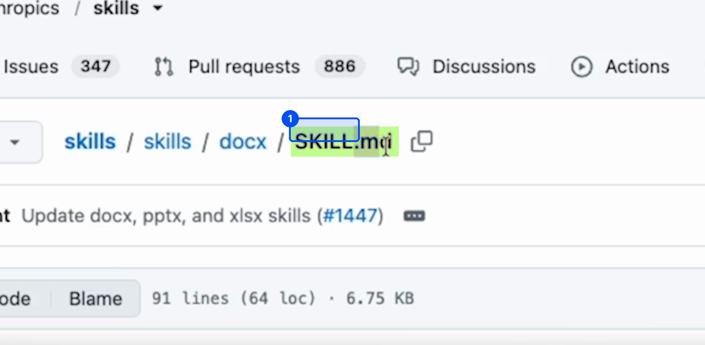 앤트로픽 공식 스킬 저장소에서 skills, docx 폴더 안의 SKILL.md 파일이 열려 있다