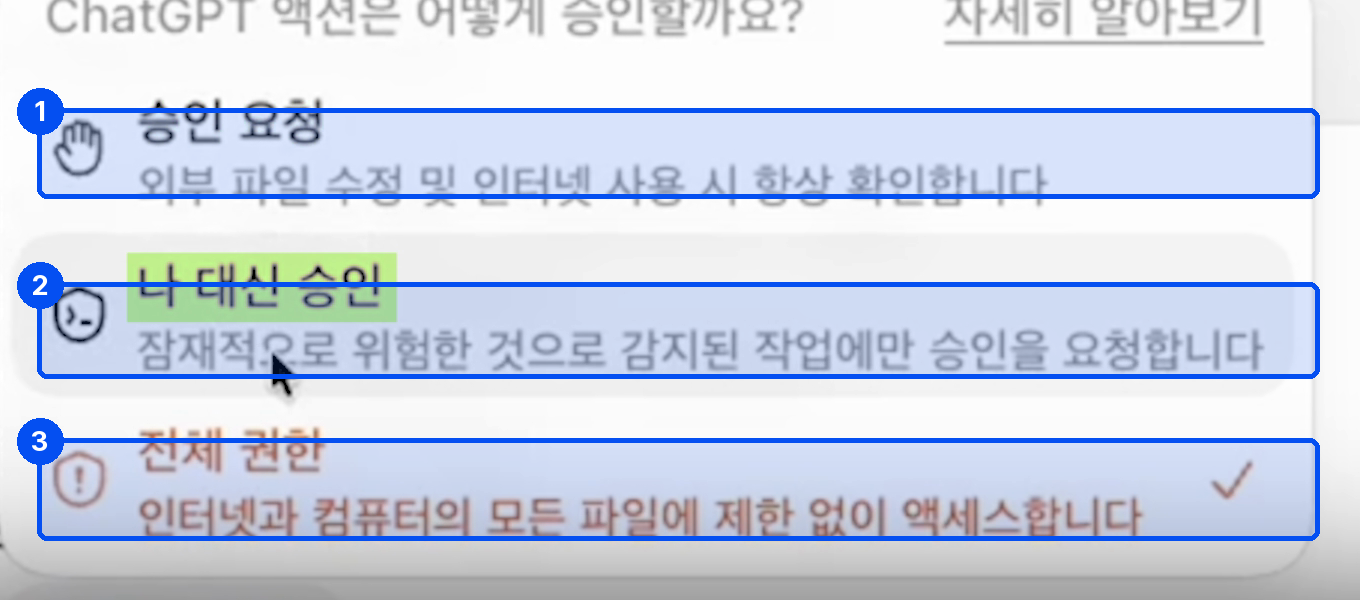 ChatGPT 액션은 어떻게 승인할까요라는 제목 아래 승인 요청, 나 대신 승인, 전체 권한 세 항목이 있다