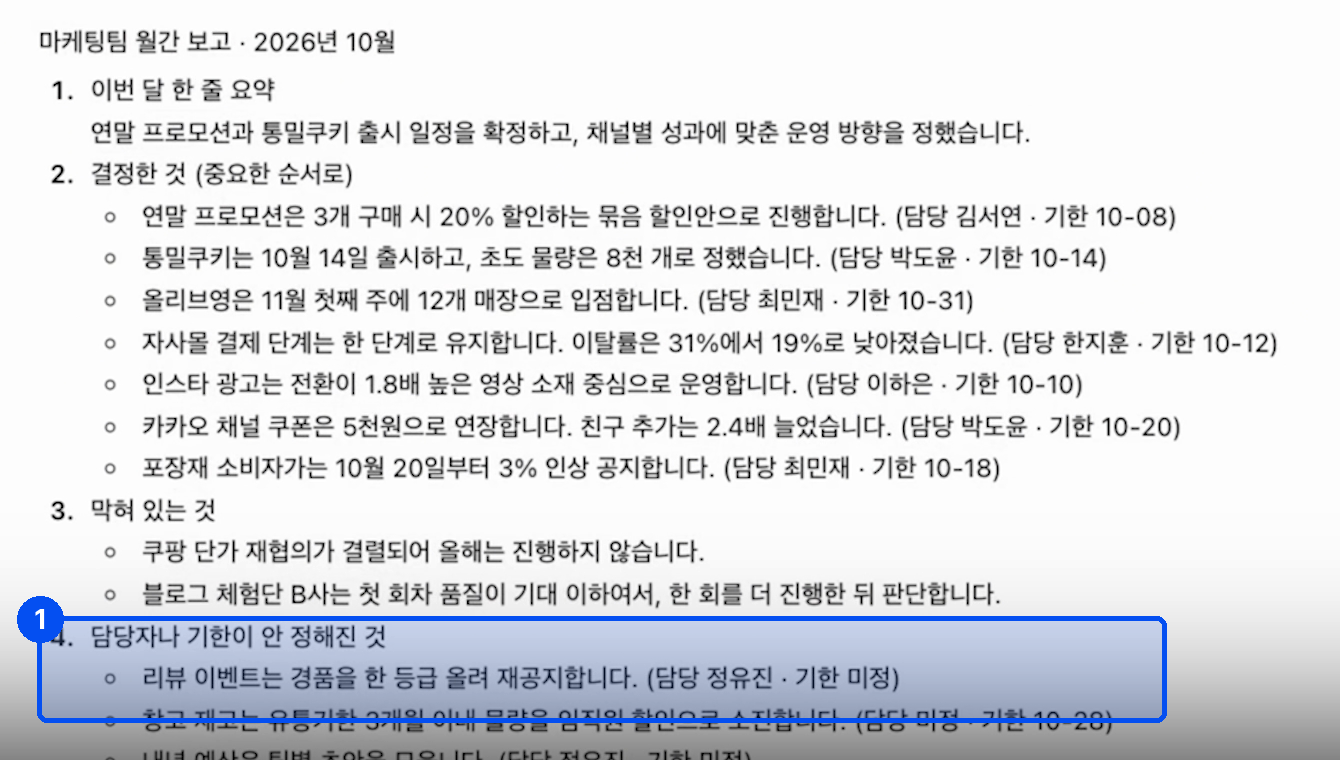 마케팅팀 월간 보고 2026년 10월이라는 제목 아래 이번 달 한 줄 요약, 결정한 것, 막혀 있는 것, 담당자나 기한이 안 정해진 것 순서로 내용이 적혀 있다