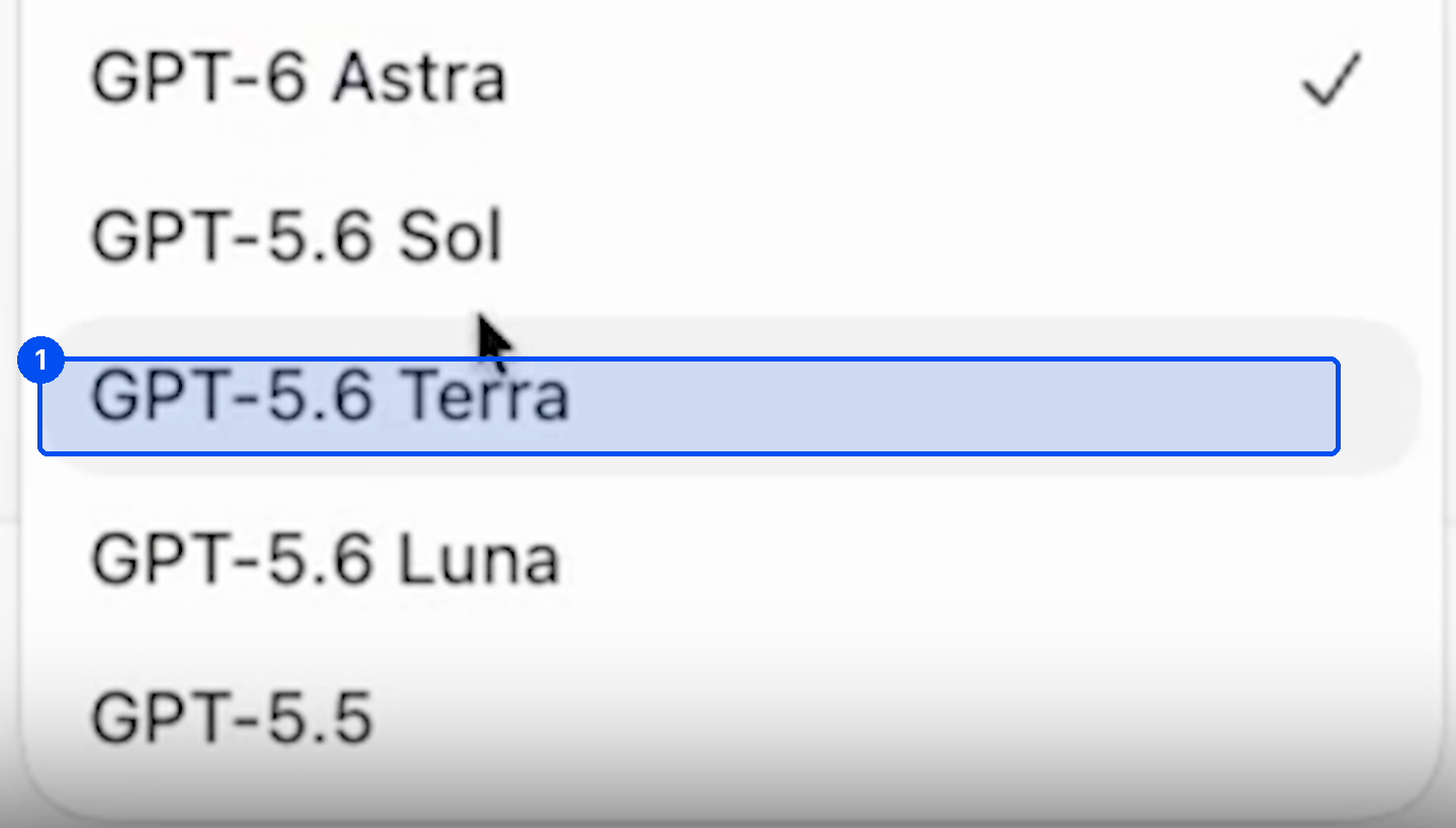 추천 모델 세트 메뉴에 GPT-6 Astra, GPT-5.6 Sol, GPT-5.6 Terra, GPT-5.6 Luna, GPT-5.5가 있다
