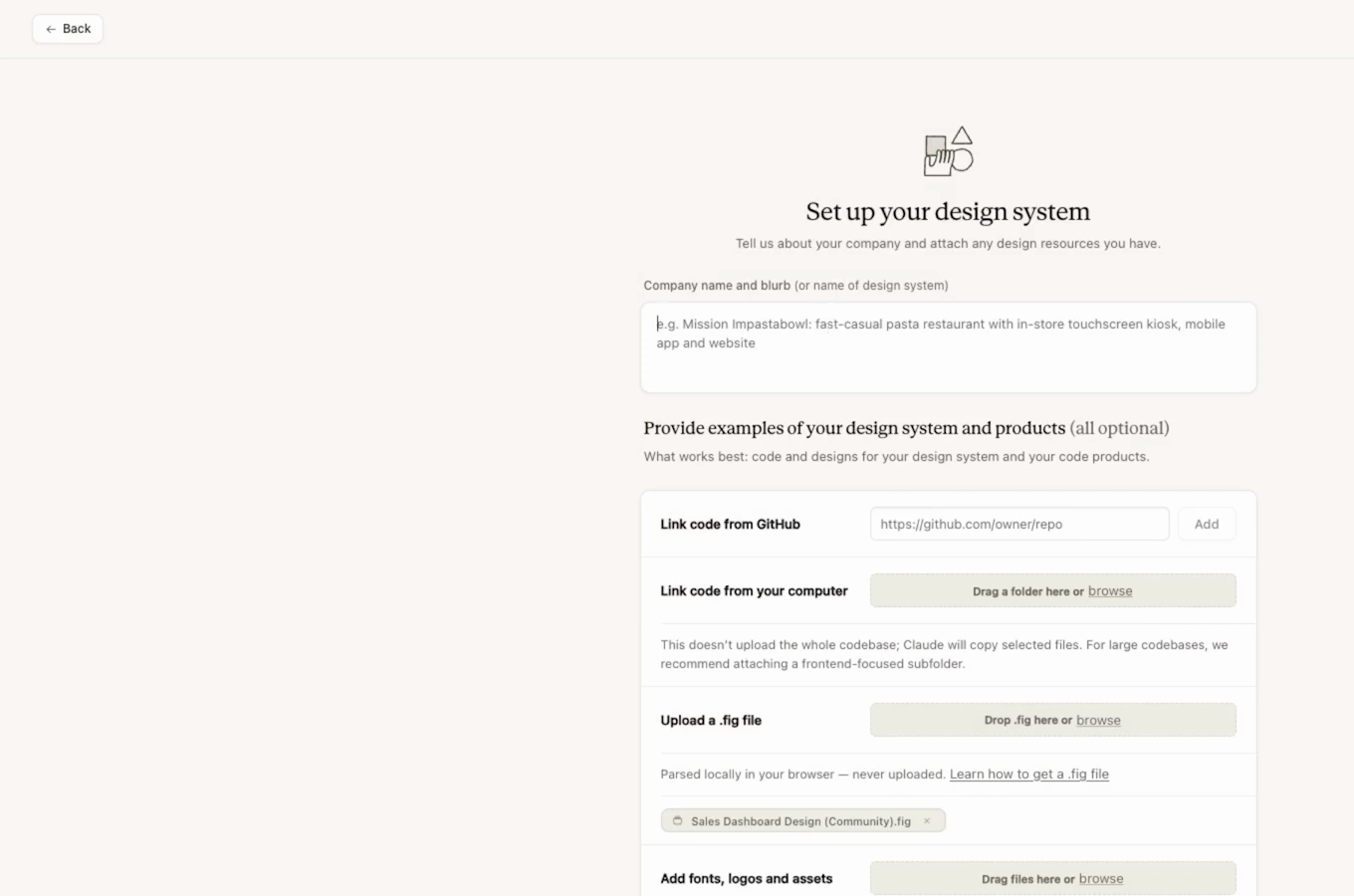 Set up your design system 화면에 회사 이름과 설명 칸, 깃허브 코드 연결, 컴퓨터에서 코드 연결, fig 파일 업로드, 폰트와 로고 추가 칸이 있다