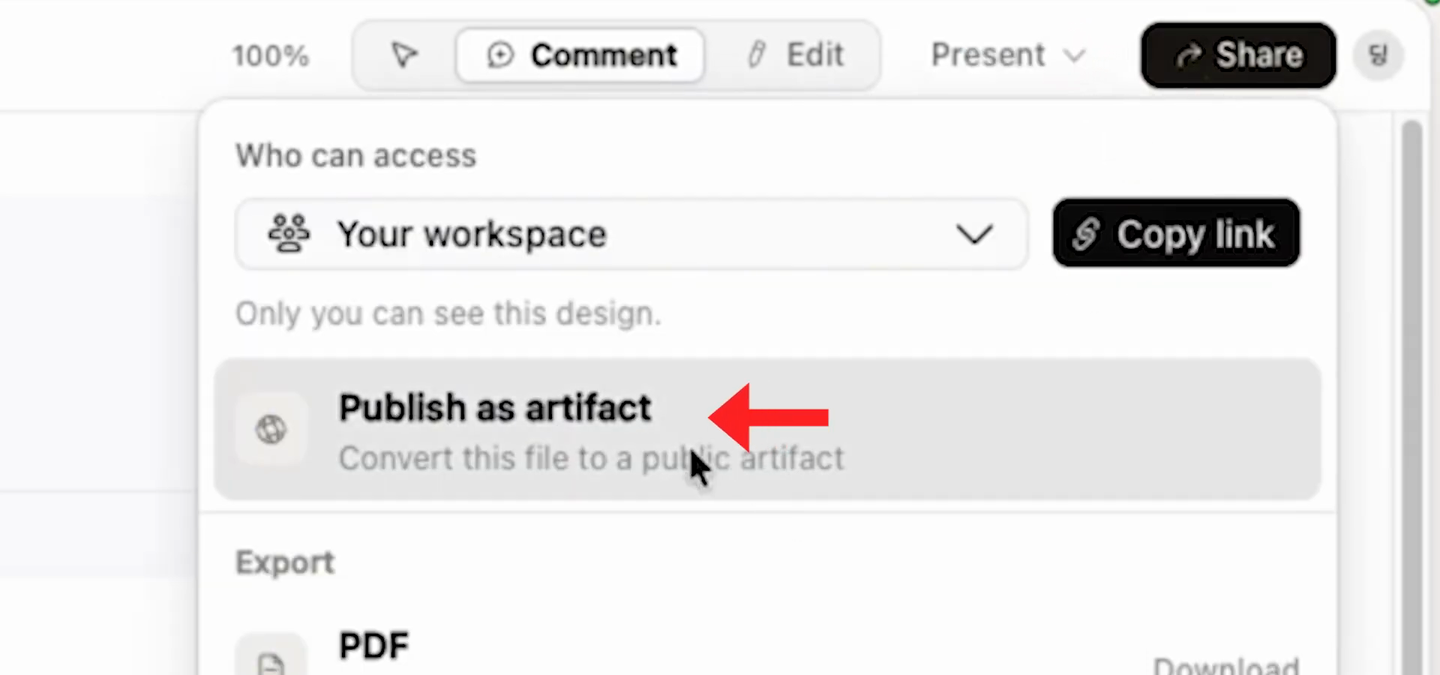 Share 버튼을 누른 메뉴에 Your workspace, Copy link 아래 Publish as artifact 항목을 빨간 화살표가 가리키고 있다
